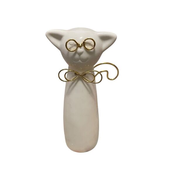 Sagebrook Home Ceramic Cat Figurine with Glasses White Gold 7" - Picture 1 of 5